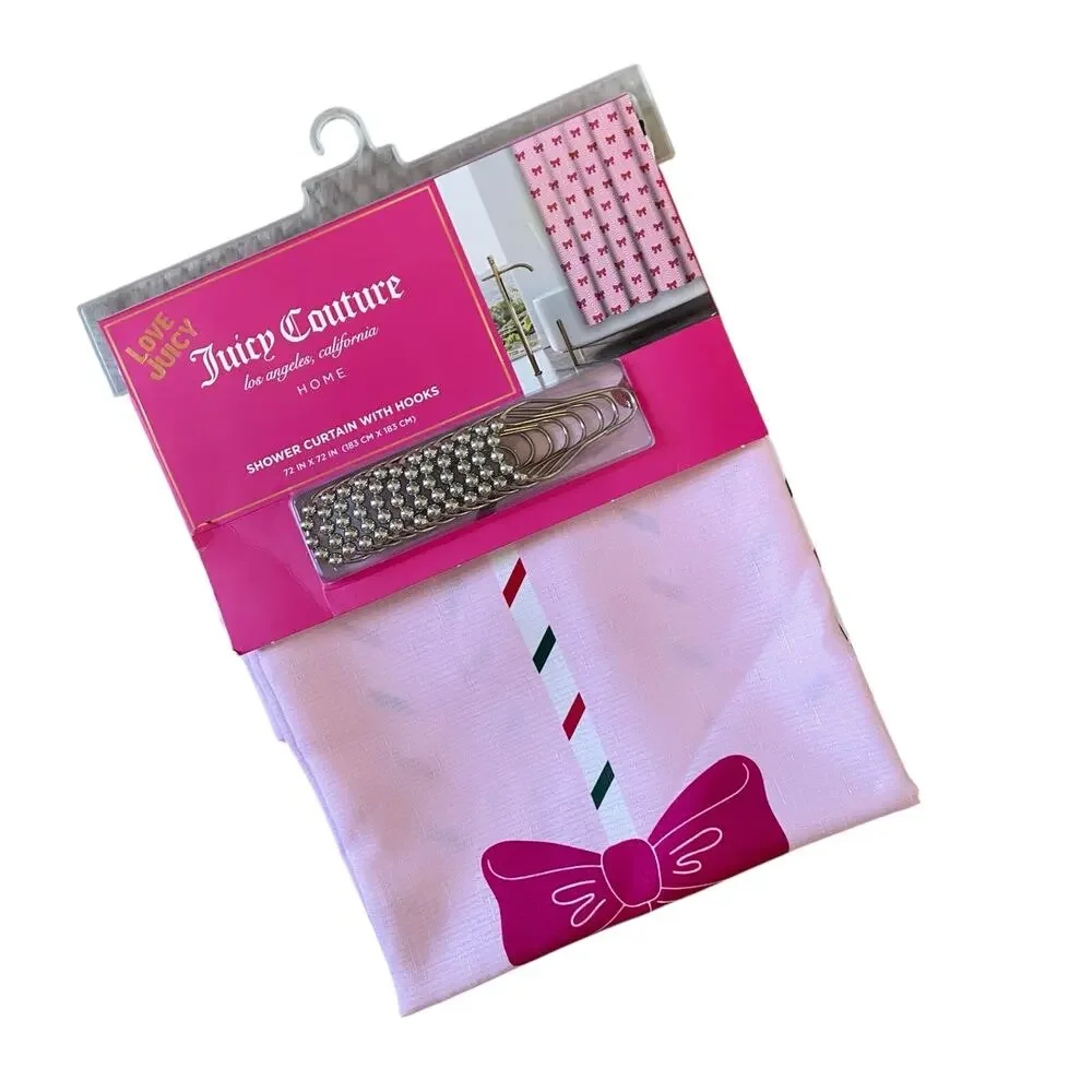 14pc Juicy Couture Pink Bows Christmas Shower Curtain Hooks Liner Set 72x72 NEW